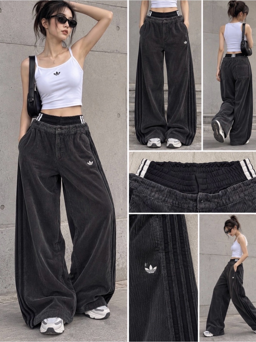 adidas Women’s Black Noir Wide-Leg Corduroy Pants with Three-Stripe Trim